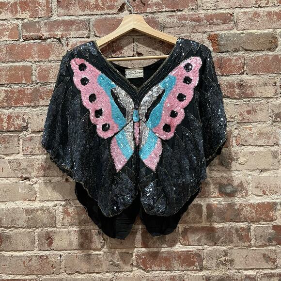 Vintage Chanson D'Amour Sequin Butterly Dolman Sleeve Cropped Top - Picture 2 of 8